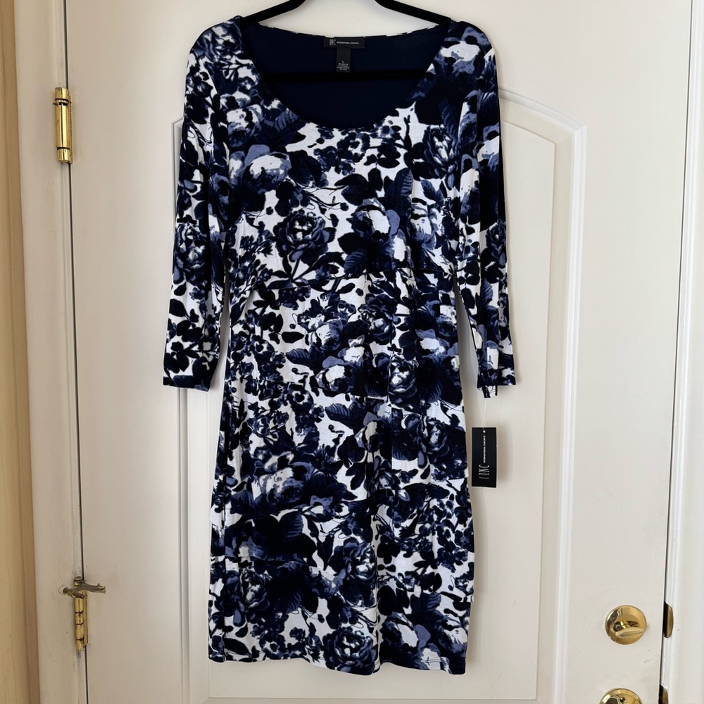 INC International Concepts Darcy Rose Floral Blue White Tiered Dress Women Large